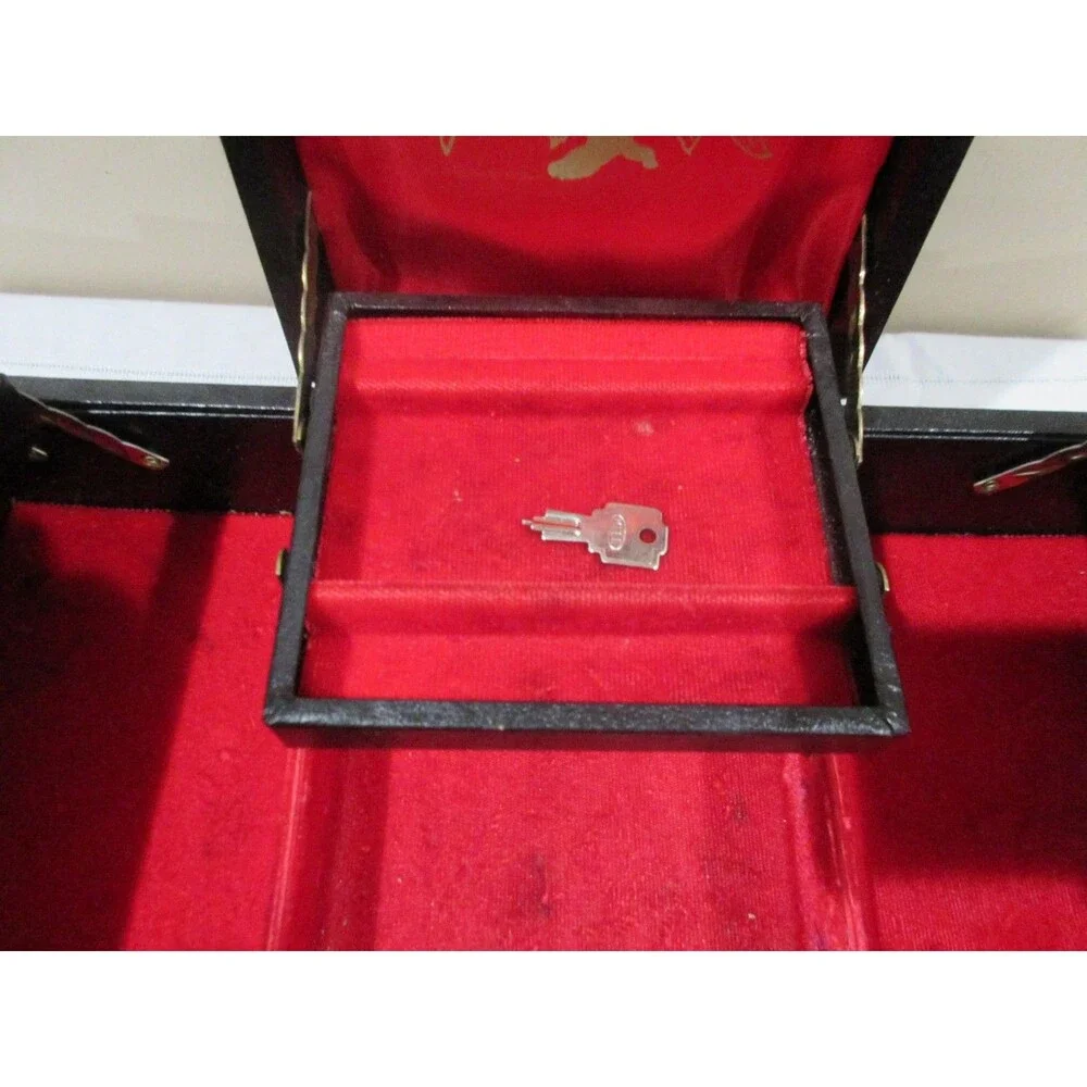 Vtg, Black Faux Leather Mell MCM Jewelry Box Red Velvet 25+Piece Tiered with KEY